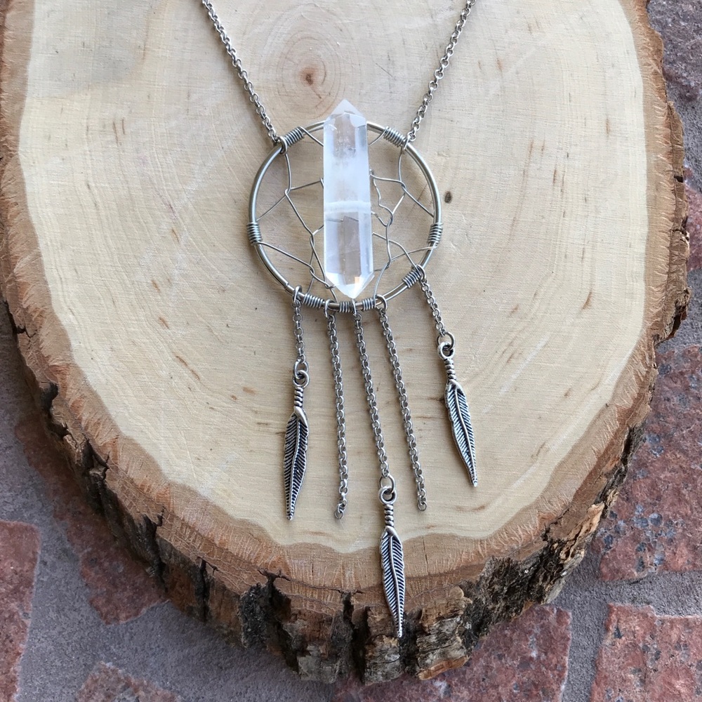 Dream catcher necklace . Genuine double point crystal quartz boho feather silver - Picture 6 of 11
